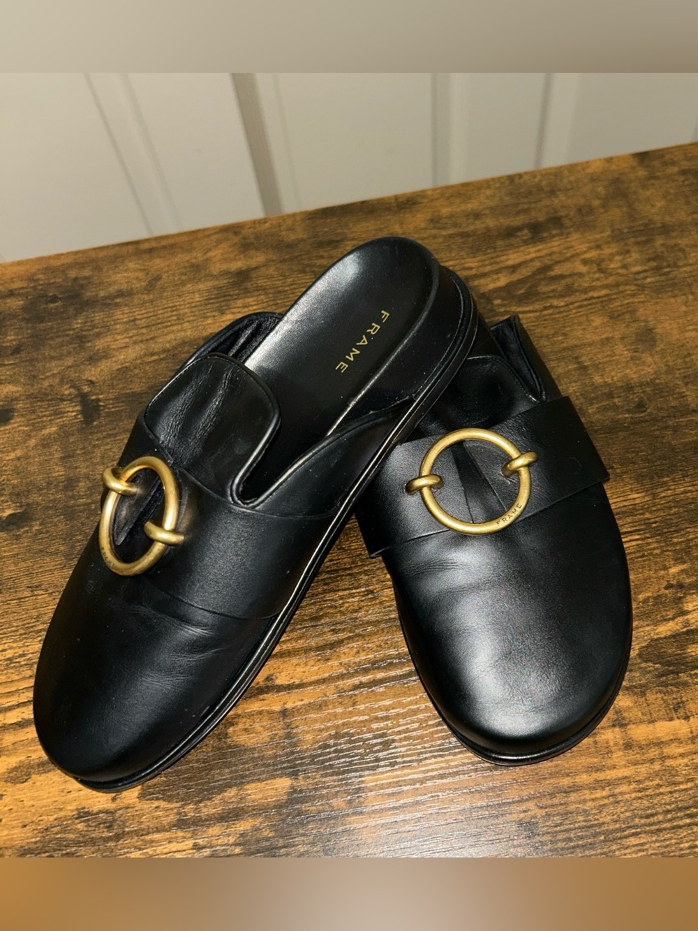 $398 FRAME Spain Le Aspen Black Leather Flats Mules Clogs Shoes Sz 36 EU 6 US